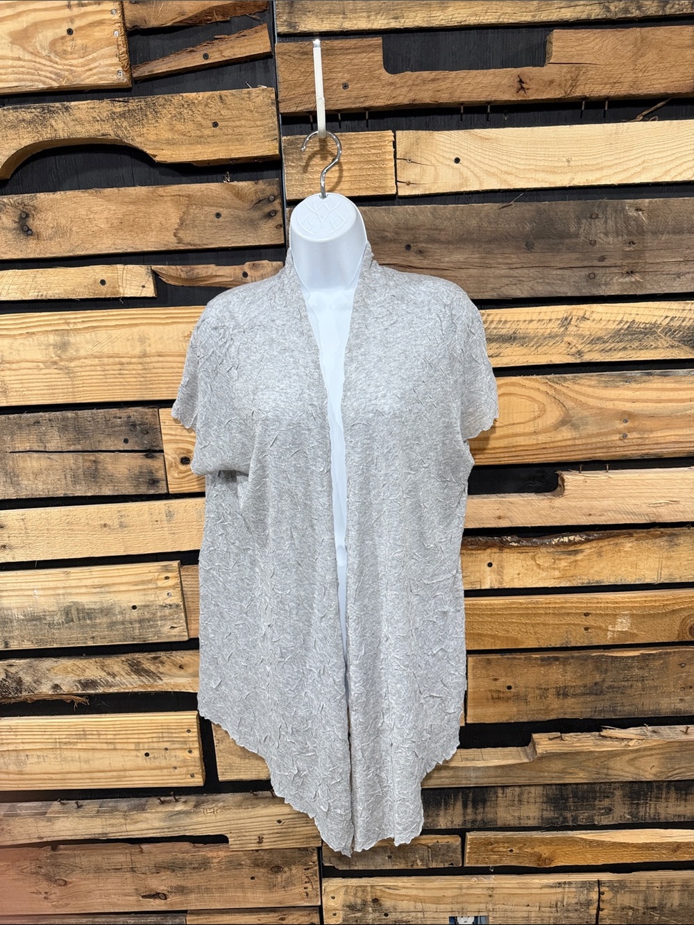 Eileen Fisher Short Sleeve Open Front Crinkle Cardigan Sweater - Gray, Size‎ XL